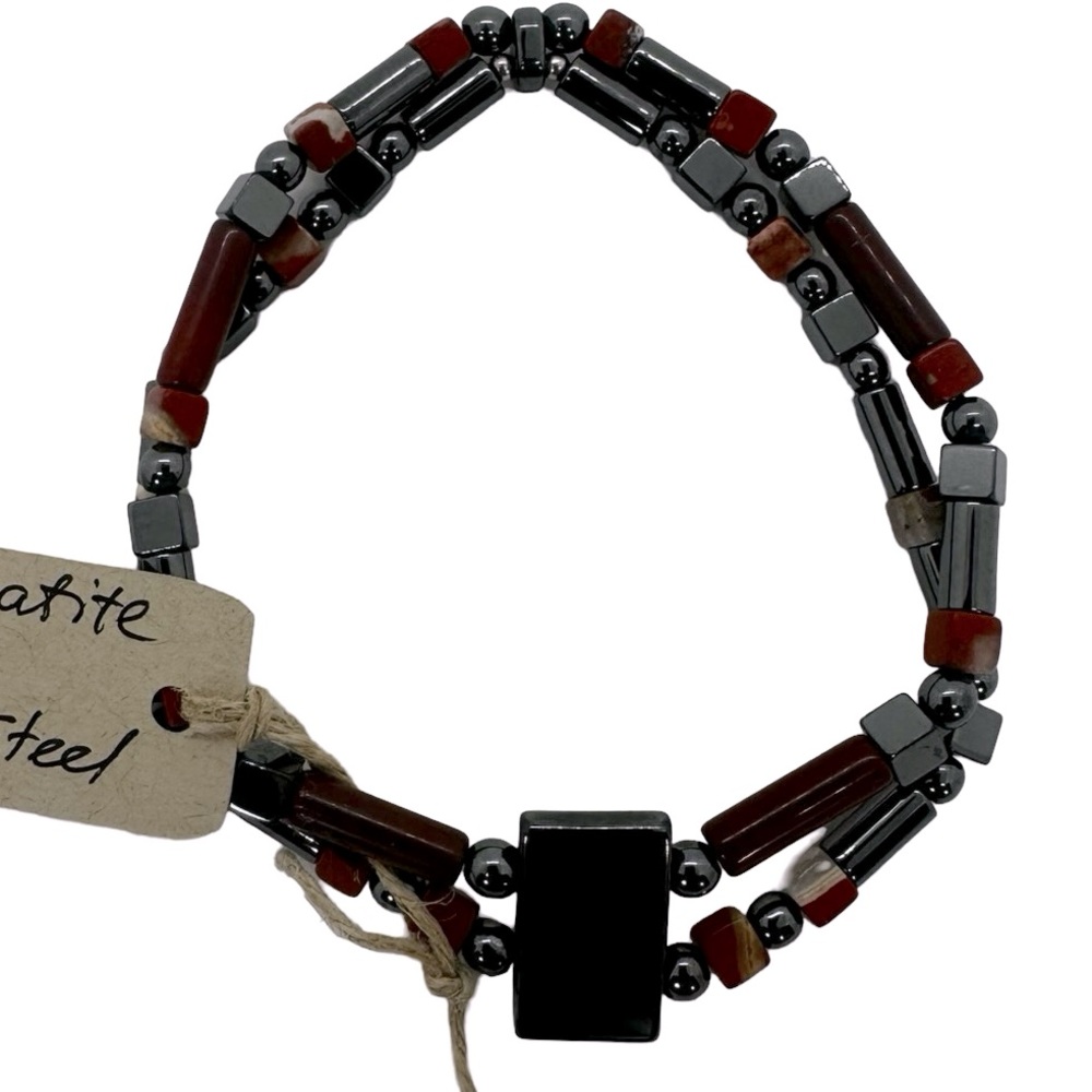 Handmade, one of a kind Chicago artist magnetic hematite red Jasper St Steel
